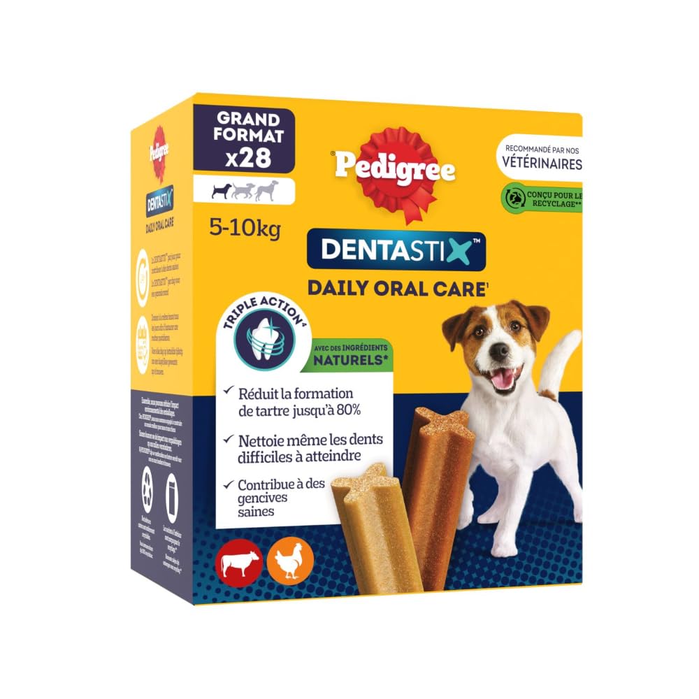 PEDIGREE DENTASTIX 56 Bâtonnets à Mâcher pour Petits Chiens 5-10kg, 8 Sachets de 7, Saveur Poulet et Bœuf, Détartrage Dentaire Chien, Soins Dentaires pour Chien