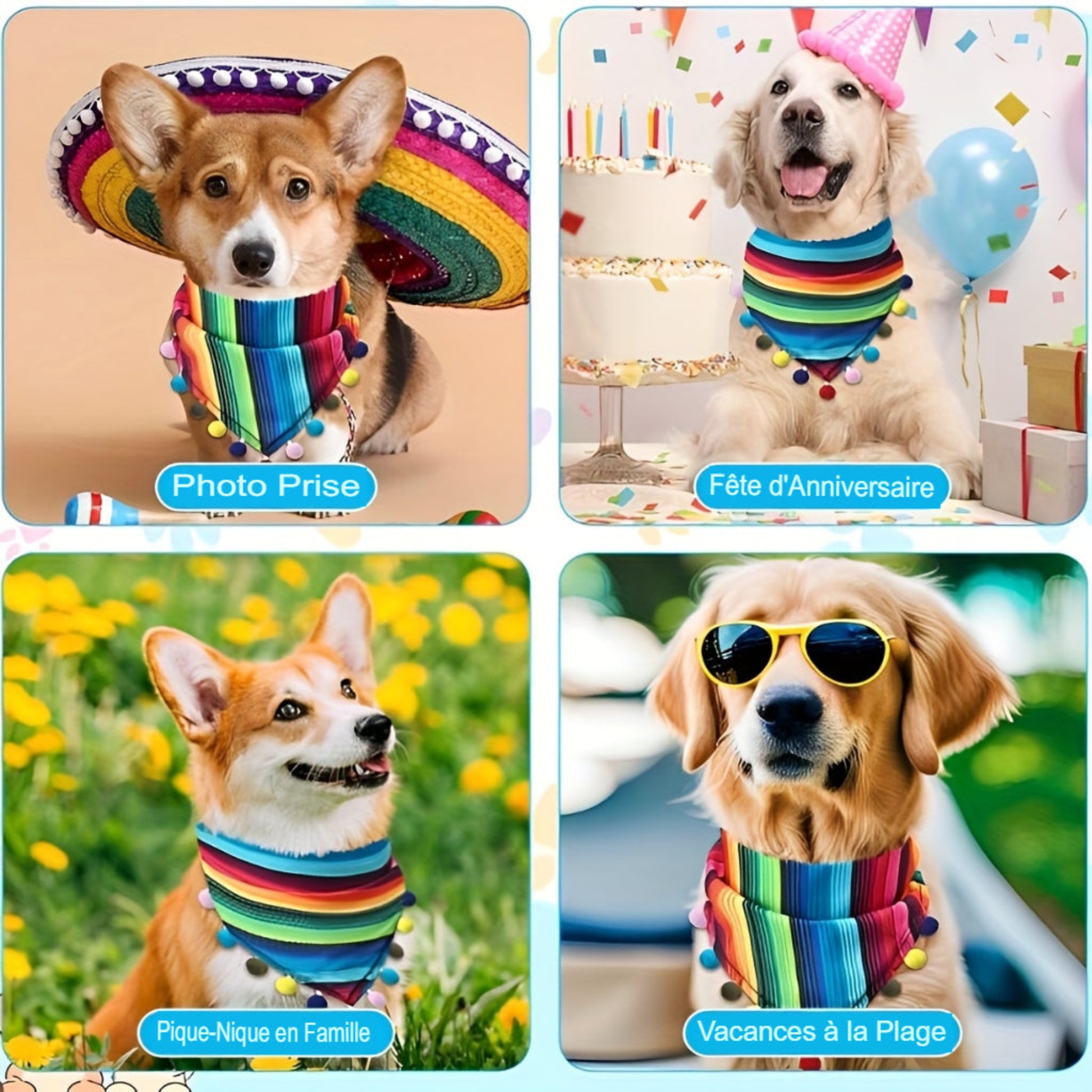 Bandana multicolore pour chien style Fiesta avec pompons, foulard triangulaire réglable
