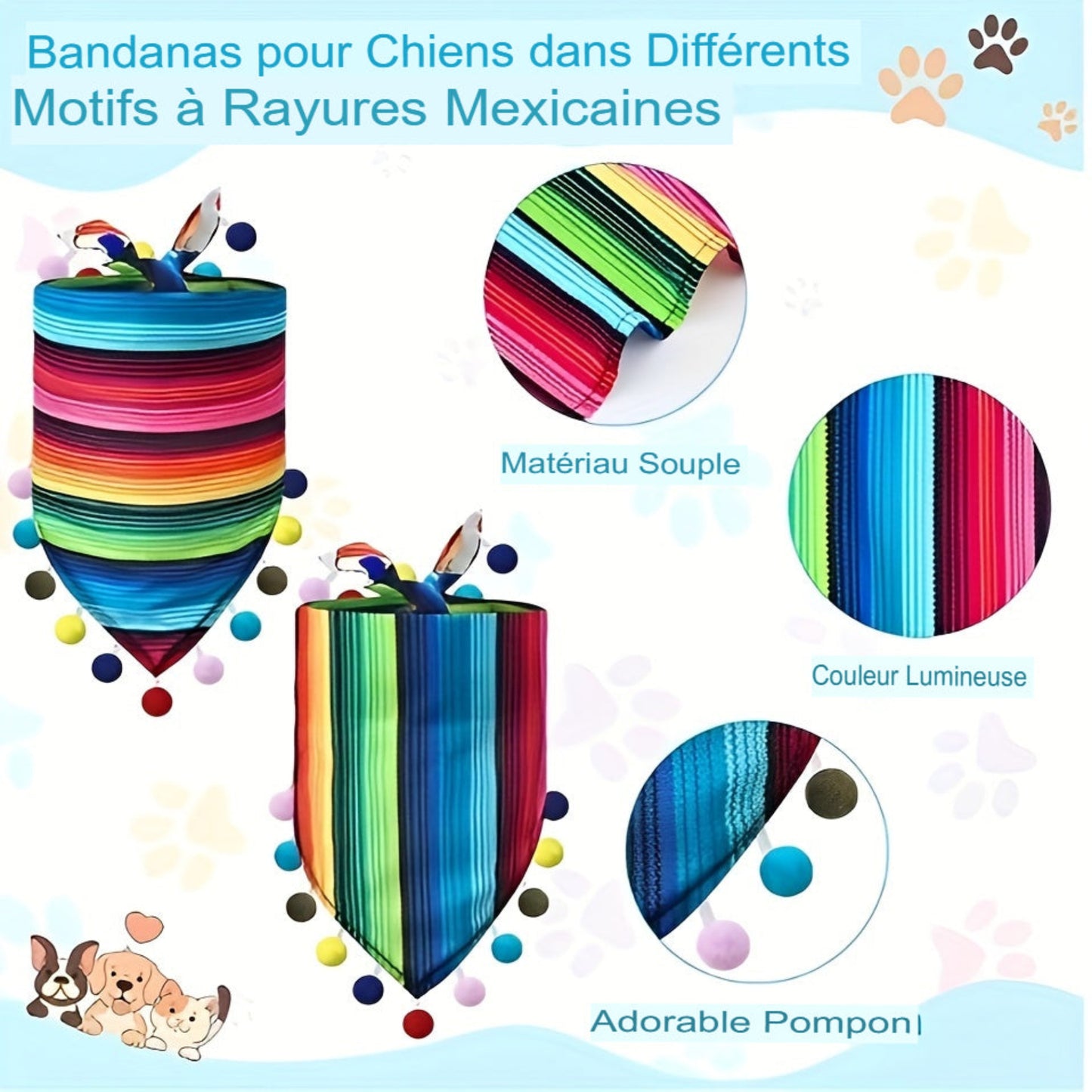 Bandana multicolore pour chien style Fiesta avec pompons, foulard triangulaire réglable