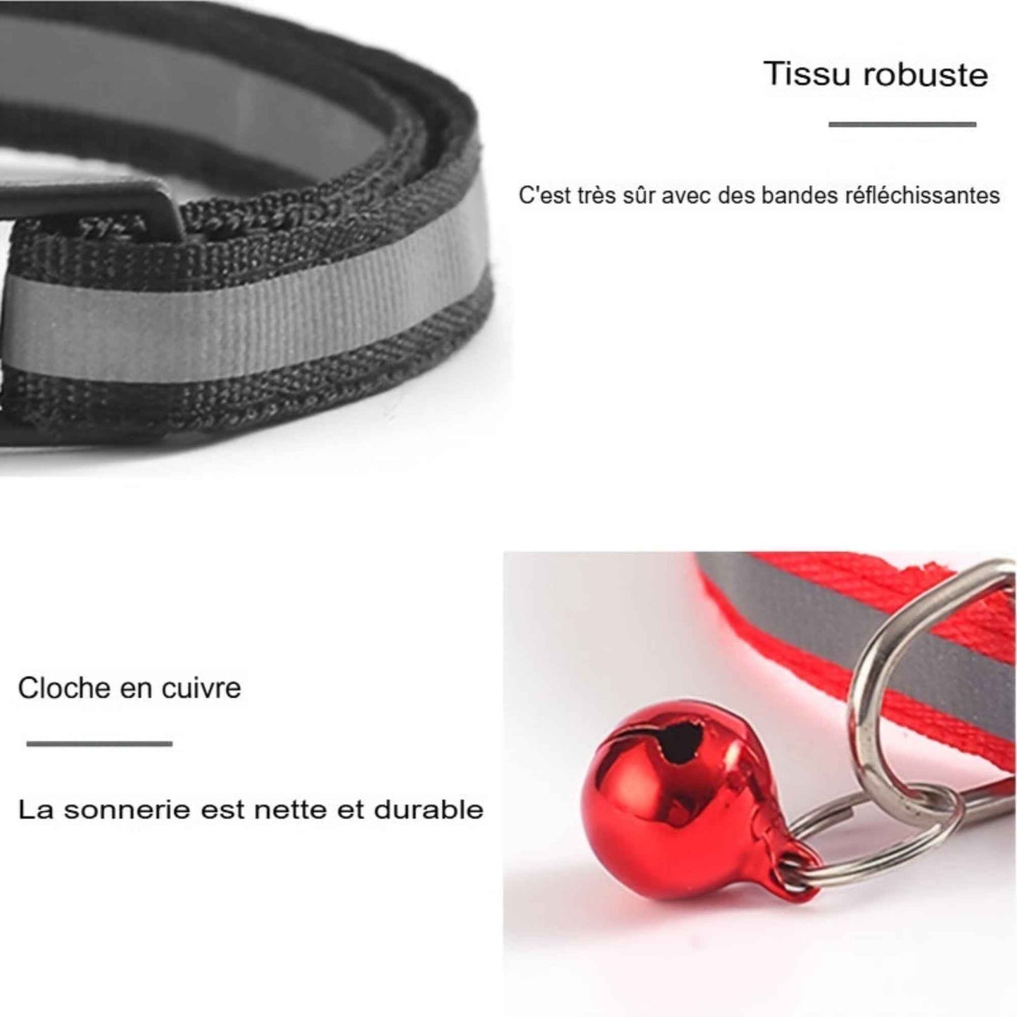 Collier réfléchissant pour chat – Attache détachable avec oreilles rondes et clochette – Accessoire pour collier de chat ou petit chien