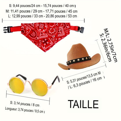 Costume de cowboy pour chien et chat avec chapeau en feutre, bandana rouge et lunettes jaunes dégradées