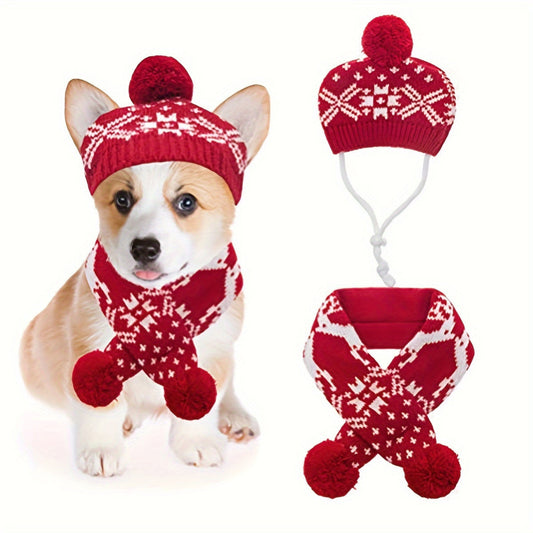 Chapeau et écharpe d’hiver rouges et blancs pour chien et chat avec motifs flocon et renne