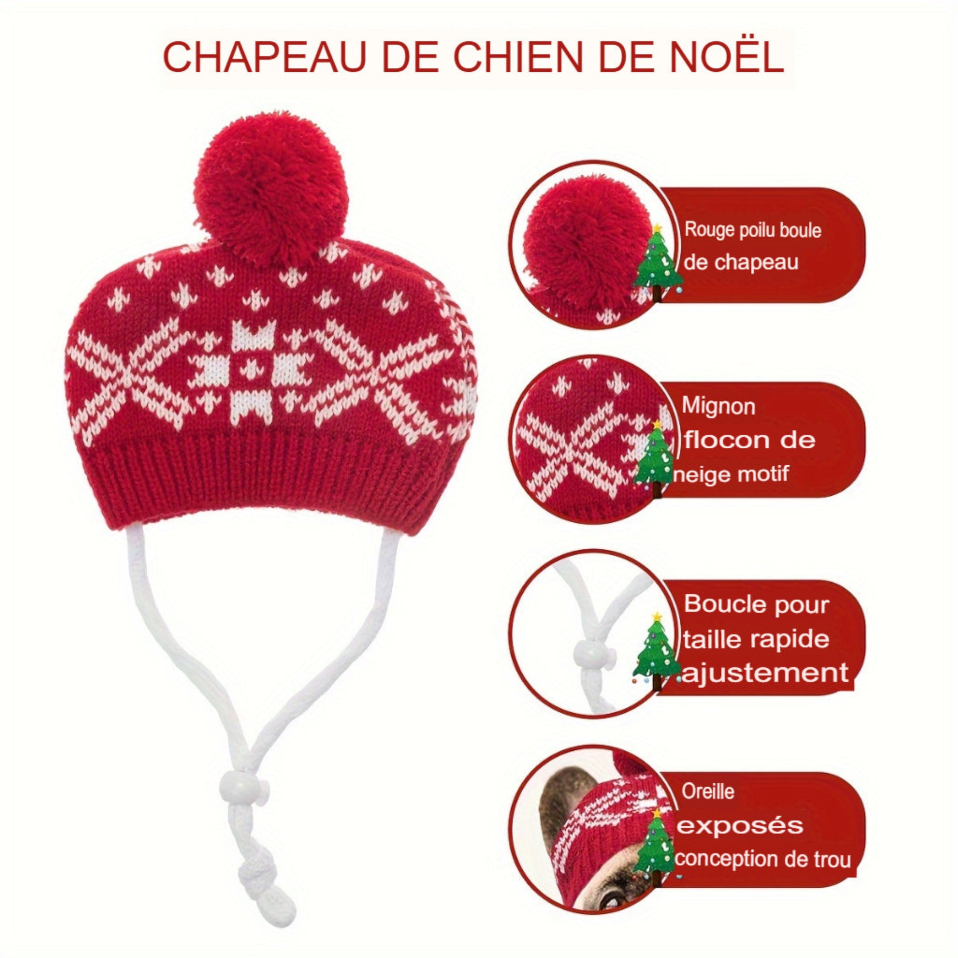 Chapeau et écharpe d’hiver rouges et blancs pour chien et chat avec motifs flocon et renne