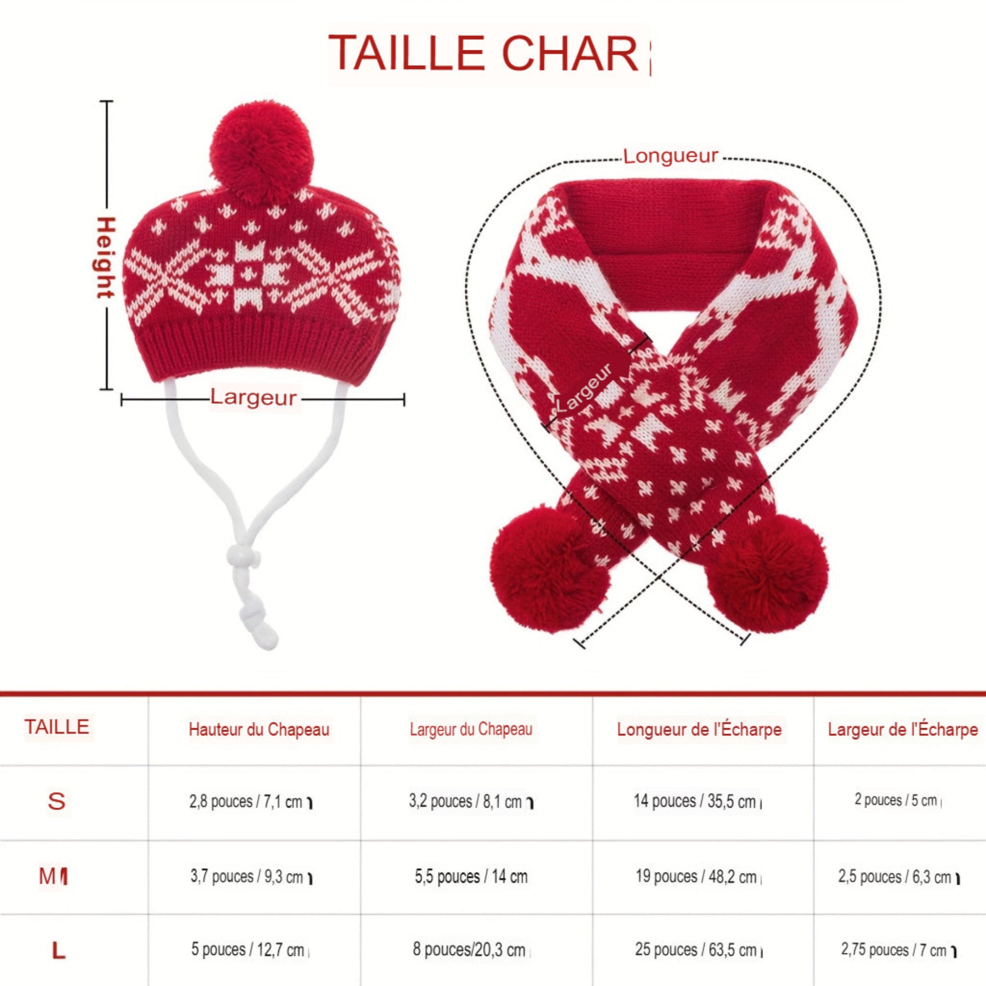 Chapeau et écharpe d’hiver rouges et blancs pour chien et chat avec motifs flocon et renne