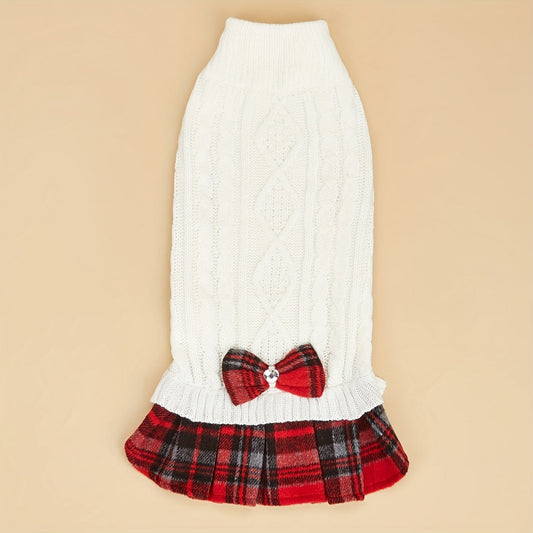 Pull d’hiver pour chien en maille torsadée avec jupe à carreaux rouge et noire