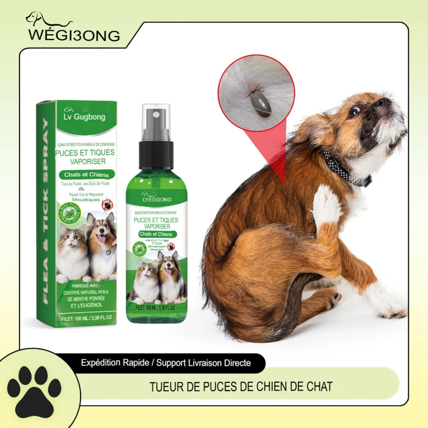 Spray anti-acariens pour chien et chat, élimine puces et tiques